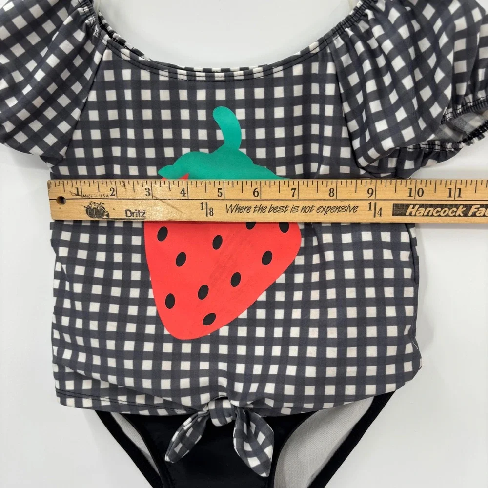 Cat & Jack Swimsuit Toddler 5T Black Gingham Strawberry One Piece Puff Sleeve